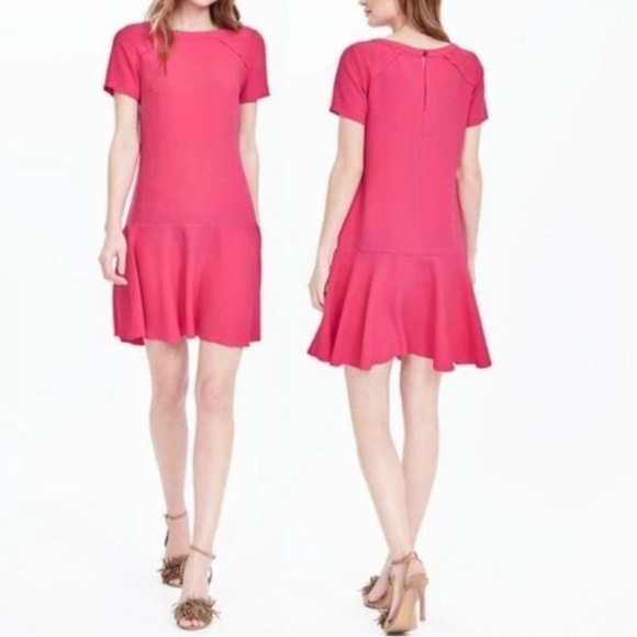 Banana Republic Short Sleeve Solid Flounce Dress Bright Pink Barbie Sz 4 - Picture 2 of 13